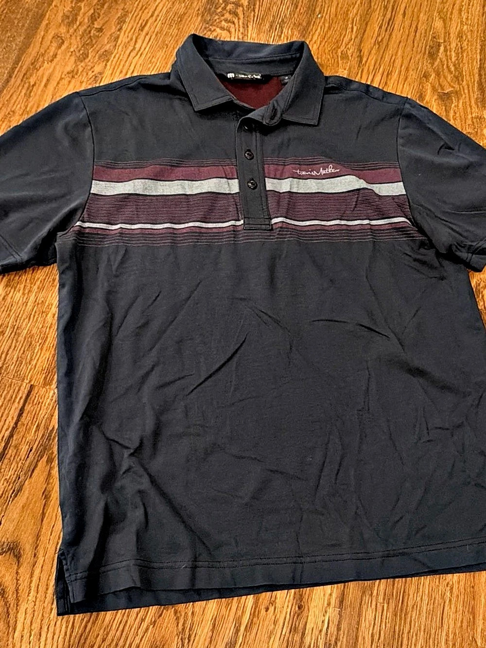 TravisMathew Striped Polo Black & Burgundy Size Medium